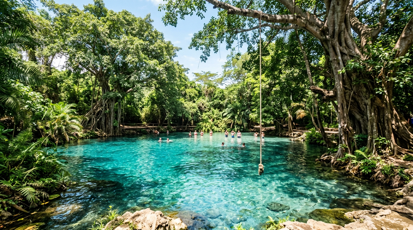 Turquoise natural pool surrounded by green trees at Maji Chemka hot springs