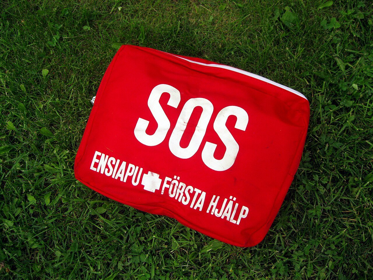 Travel first aid kit on grass — bandages, supplies, and safety essentials