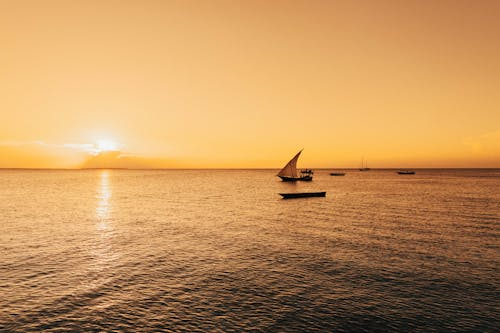 Traditional dhow sailboat at golden sunset over the Indian Ocean