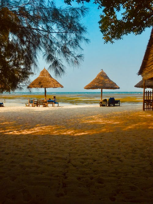 Thatched beach umbrellas, white sand, and clear turquoise sea